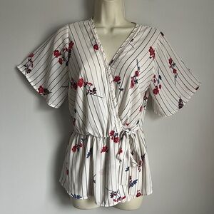 Sienna Sky Women’s Ivory Floral Strip Print Chiffon Faux Wrap Belted Chiffon Top